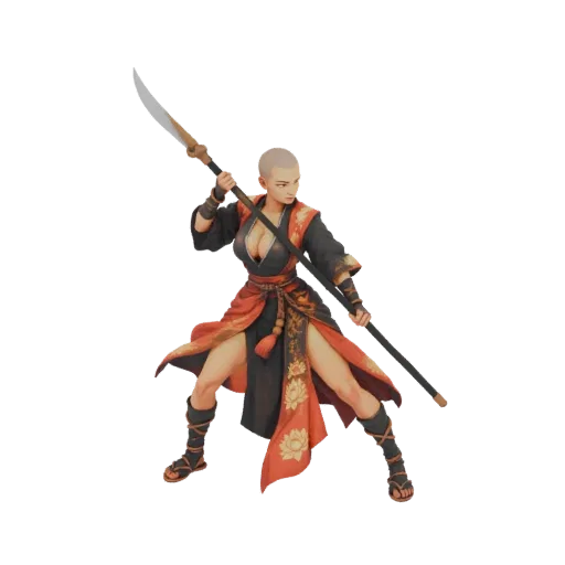 3D model of a bald warrior monk with a shaved head, wearing a black and red robe, holding a spear in a combat stance.