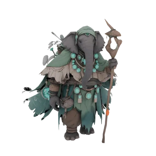3D model of a mystical elephant shaman wearing tribal headdress and robes, holding a wooden staff.