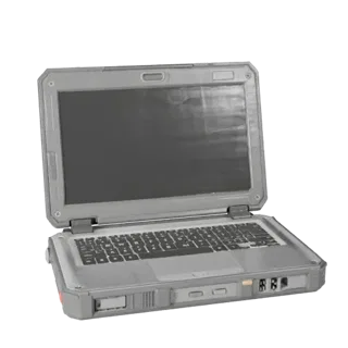 Rugged Portable Workstation 3D model, three-quarter front view, Unity viewport, showing brushed metal, open lid angle.