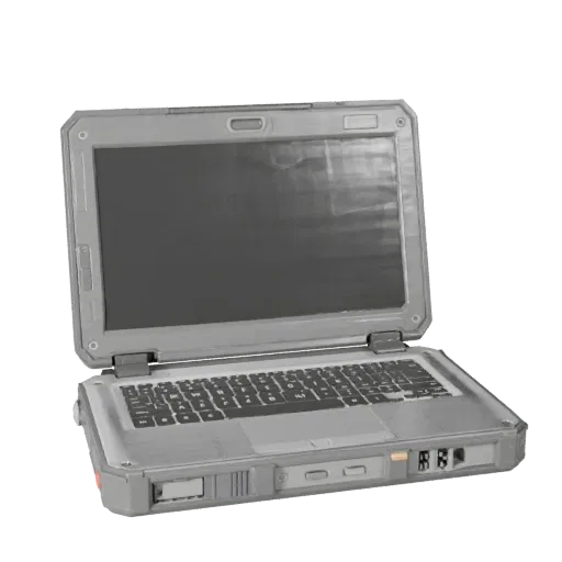 Rugged Portable Workstation 3D model, three-quarter front view, Unity viewport, showing brushed metal, open lid angle.
