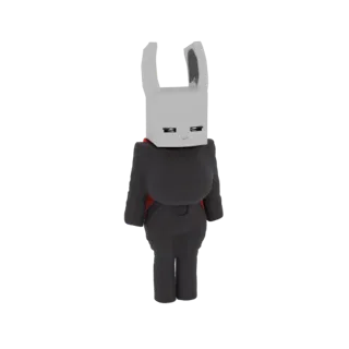 A 3D render of a stylized bunny character with a white block head, large ears, and a black outfit with red accents, standing