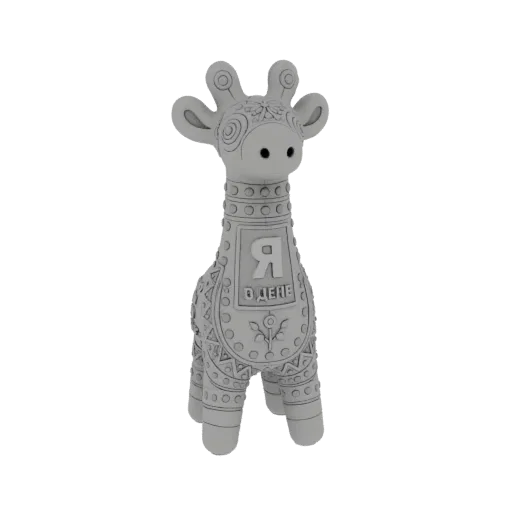 3D model of a stylized gray giraffe toy with intricate folk art patterns and a decorative bib on its chest.
