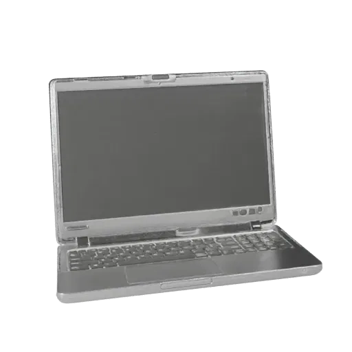 Ultrabook Portable Workstation Low Poly 3D model, game viewport three-quarter view, showing brushed metal, form detail.