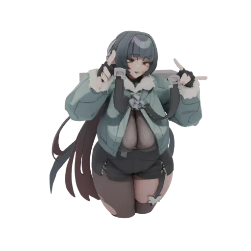 3D model of a chubby anime girl with grey hair, wearing a blue winter jacket and dark shorts, striking a peace sign pose.