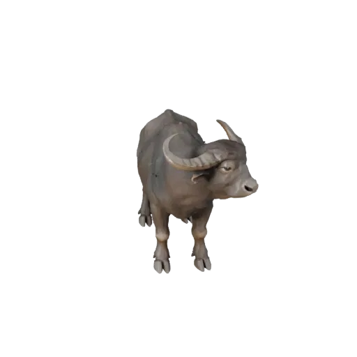 Modèle 3D de buffle d'eau low poly, vue latérale caméra de gameplay, asset animal low-poly avec silhouette de cornes ou de bo