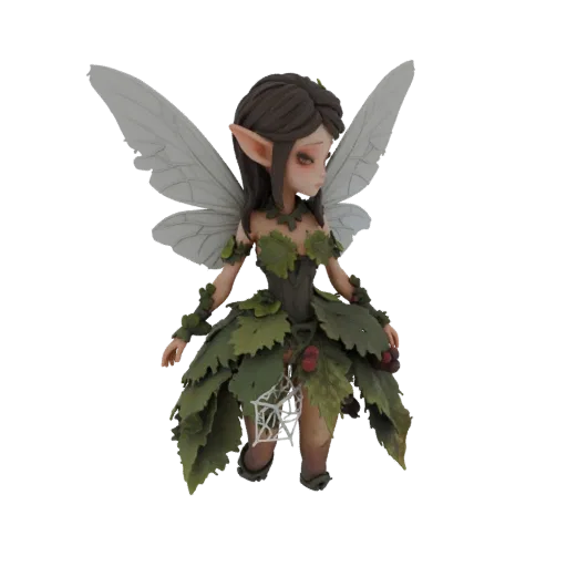 3D model of a miniature dark fantasy pixie with leaf-like clothing and translucent wings