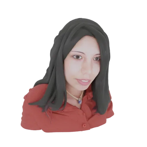 3D model render of a young woman with long black hair, wearing a red shirt and a blue pendant necklace.