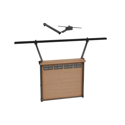 3D model of an up-and-over garage door with wood texture and windows, on a black background