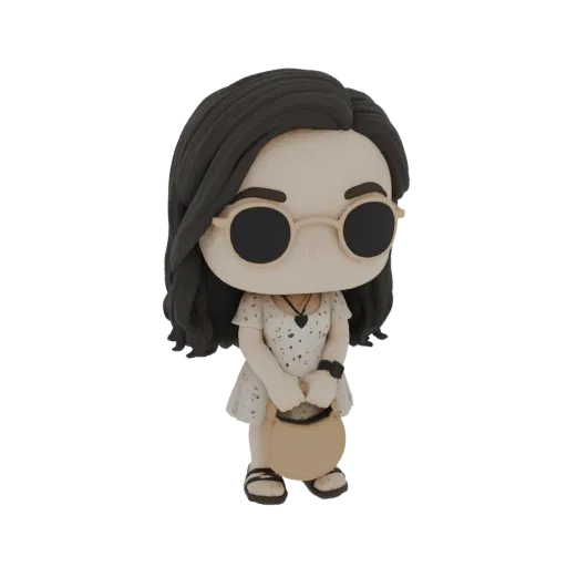 Modellino 3D di una ragazza chibi carina con capelli scuri, occhiali da sole e vestito fantasia, che tiene una borsa rotonda.