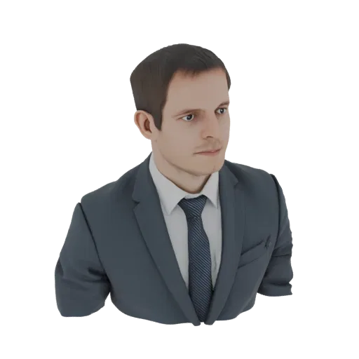AI-generated 3D model of a businessman wearing a dark suit and tie, shown from the chest up against a white background.
