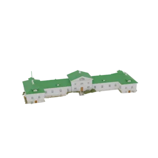 3D model of a classic white manor house with a bright green roof, presented on a white background.