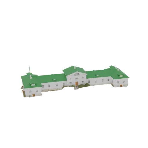 3D model of a classic white manor house with a bright green roof, presented on a white background.