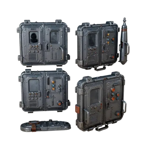 Sci Fi Locked Door Panel Realistic 3D model, three-quarter studio render, showing metal hinges, form detail.
