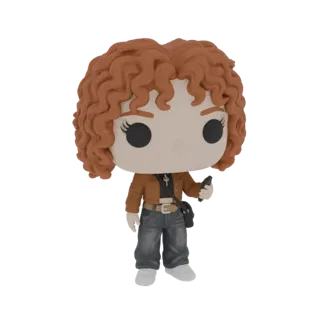 3D model of a Funko Pop figure with curly red hair, wearing a brown jacket and jeans, holding a smartphone.
