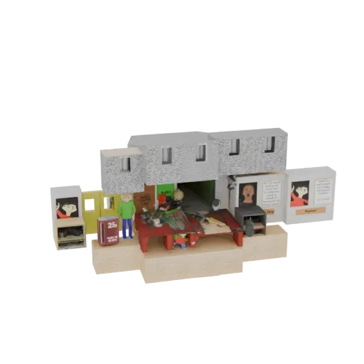 3D model of a miniature shop diorama with two figures, a red table, and a textured building facade on a sandy base.