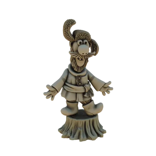 3D-Modell eines skurrilen bärtigen Mannes mit Pelzmütze und Tunika, stehend auf einem Baumstumpf-Sockel, mit ausgestreckten A