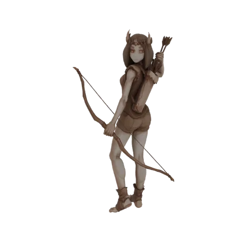 3D model of a fantasy archeress with a bow drawn and a quiver of arrows on her back, rendered in a sepia tone.