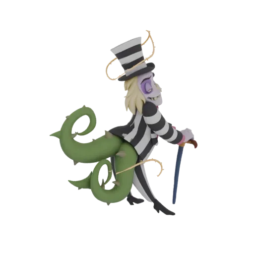3D model of Beetlejuice in a striped suit with green, thorny tentacles emerging from his back, holding a cane.