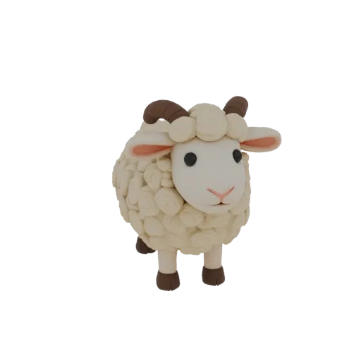 3D model of a clay-sculpted sheep with curly wool and brown horns, on a white background.
