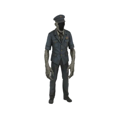 3D model of a creepy policeman with a blank face, wearing a blue uniform and cap, with long, gnarled hands.