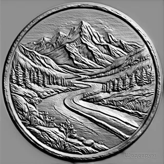 3D model of a bas-relief depicting a mountain landscape, river, and coniferous forest in гравюра style.