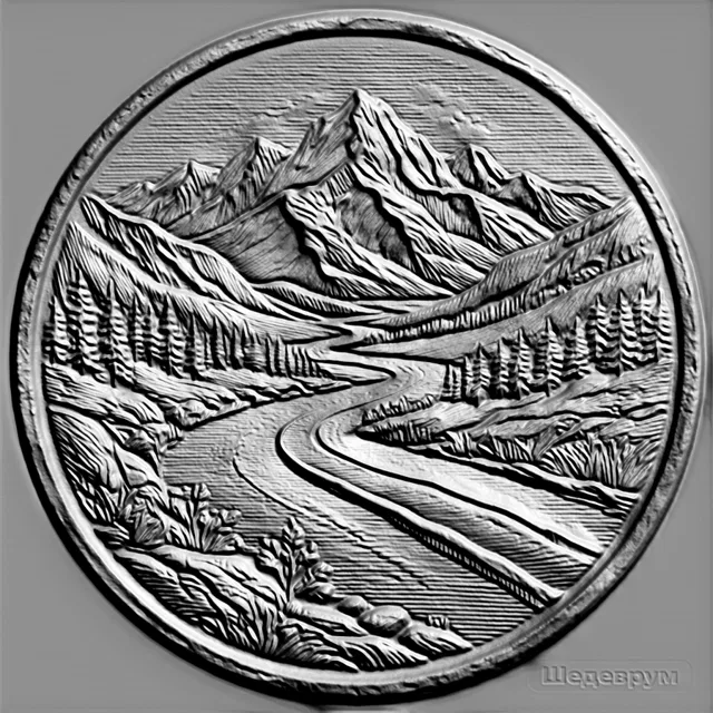 3D model of a bas-relief depicting a mountain landscape, river, and coniferous forest in гравюра style.
