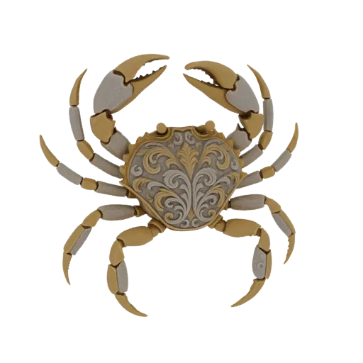 3D model of a crab with ornate scrollwork on its shell and metallic-toned legs and claws, presented against a black backgroun