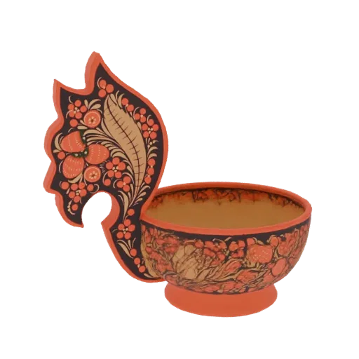 3D model of a Khokhloma painted rooster-shaped bowl with intricate red and black floral patterns.