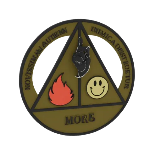 3D render of a circular emblem with a triangle inside, featuring a pointing hand, a flame, and a smiley face, with Latin text