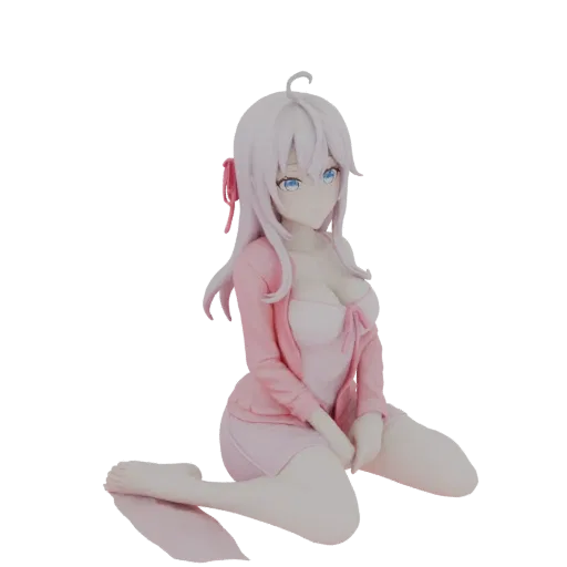 3D model of an anime girl with white hair and blue eyes, wearing a pink pajama set and sitting down.
