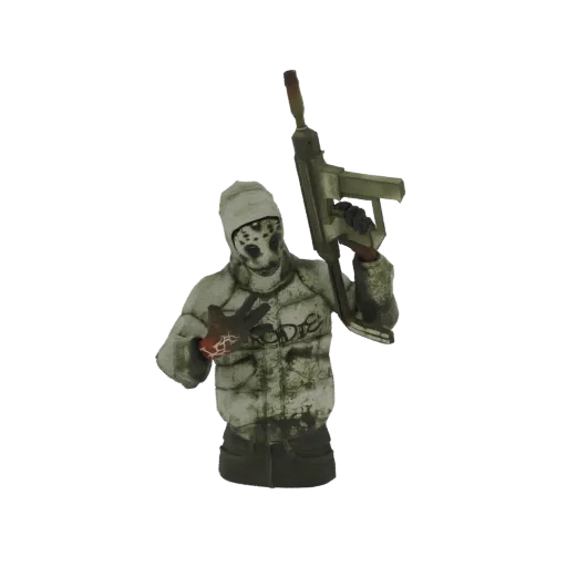 3D model of a Grim Reaper figure wearing a beanie and jacket, holding a submachine gun with a silencer, and a glowing hand.