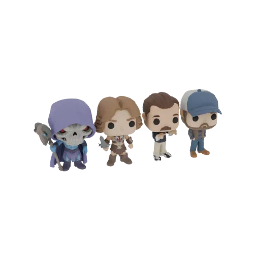 A 3D render of four stylized retro fantasy and sci-fi characters: a skeleton, a warrior, and two men in casual outfits.