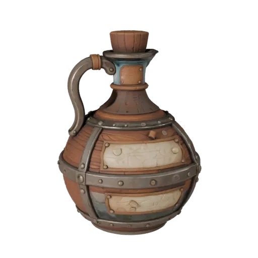 Adventurer Potion Bottle 3D model, three-quarter front view, Unreal Engine viewport, showing aged wood, form detail.