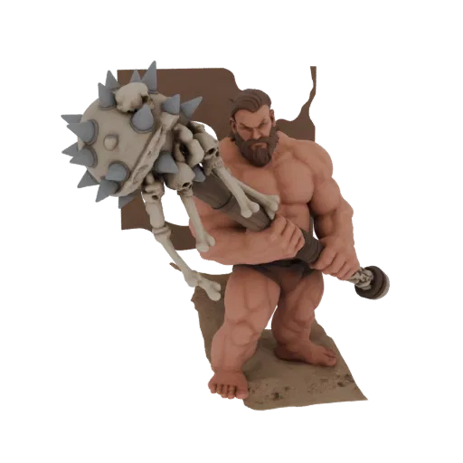 3D model of a muscular skeletal barbarian holding a bone and skull mace, standing on a sandy base.