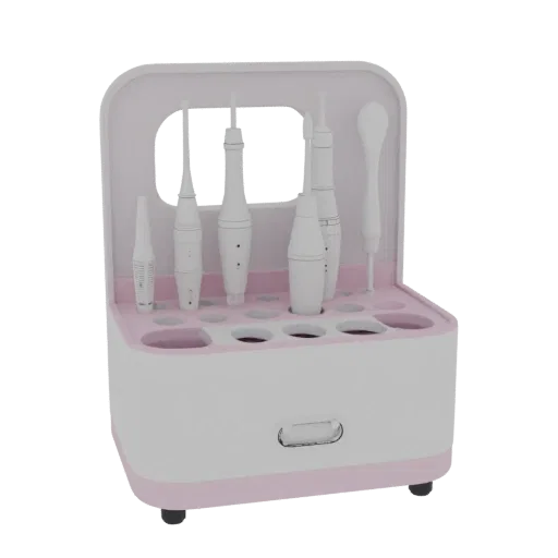 3D model of a pink and white nail drill bit organizer with multiple holes for tool storage.