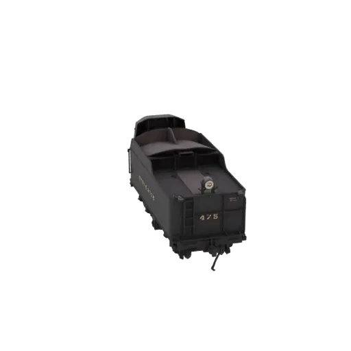 A 3D render of a black steam locomotive with the number 475 on its rear, presented against a black background.