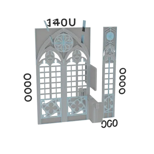 3D model of a Gothic cathedral window archway with intricate tracery and stylized stained glass patterns, rendered in light b