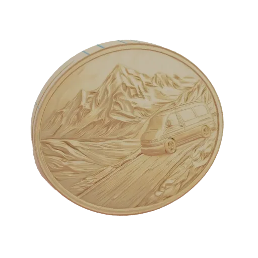 3D model of a coin with a relief of a van on a mountain road, surrounded by mountains.