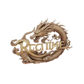 3D model of a golden dragon coiled around the 'Reg Time' text logo, with intricate scales and a metallic finish.