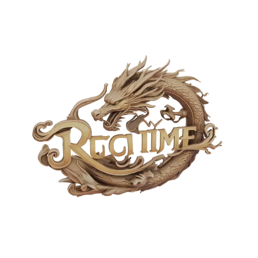 3D model of a golden dragon coiled around the 'Reg Time' text logo, with intricate scales and a metallic finish.
