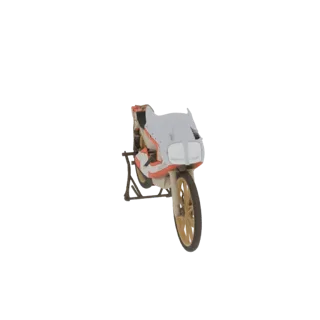 Front view of a 3D model of a vintage racing motorcycle with a white and orange fairing, displayed on a black stand.