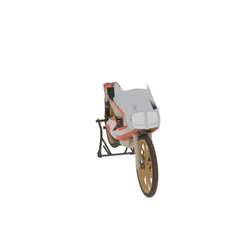 Front view of a 3D model of a vintage racing motorcycle with a white and orange fairing, displayed on a black stand.