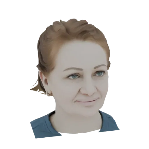 3D-Modell-Rendering einer Frau mit rötlich-braunem Haar, blauen Augen und einem freundlichen Lächeln, die ein blaues T-Shirt