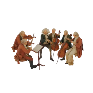 Modelo 3D de um conjunto musical barroco com seis músicos tocando violinos e violoncelos, sobre um fundo branco.