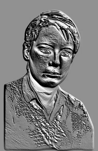 3D-Modell eines Mädchen-Basreliefs im Kupferstich-Stil, mit nachdenklichem Ausdruck und detaillierten Haaren und Kleidung.