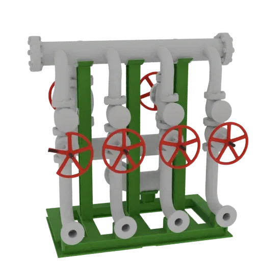 3D model of an industrial manifold with white pipes, a green support frame, and four red handwheel valves.