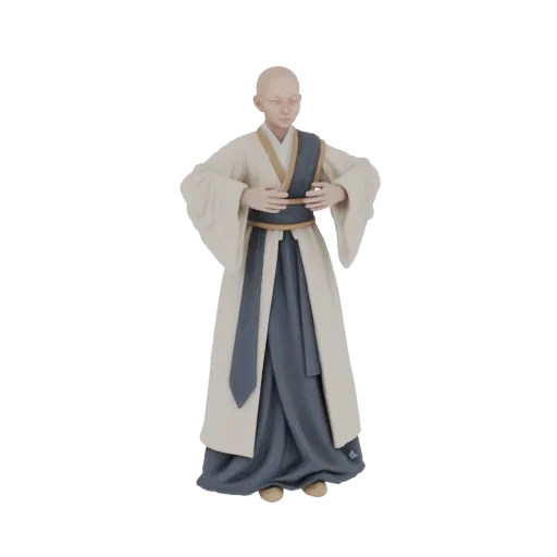 3D model of a bald monk wearing traditional cream and blue robes with a gold sash, standing with hands clasped.