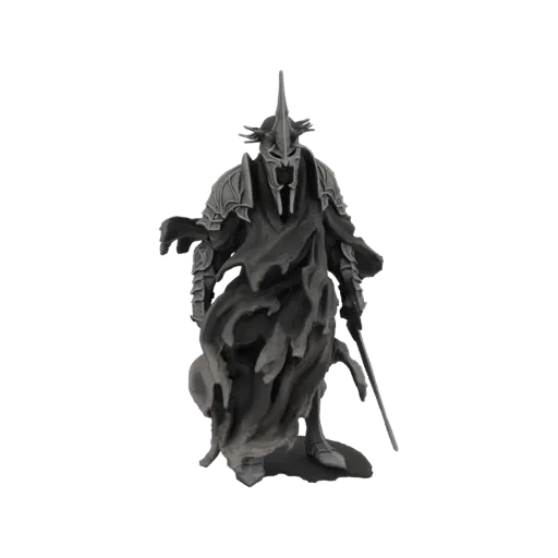 3D-Modell eines Dunklen Lord-Ritters in voller Rüstung, mit spitzem Helm, wallendem zerfetztem Umhang und einem Schwert in de