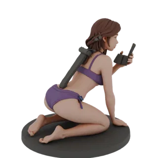 Modello 3D di una ragazza in bikini inginocchiata che tiene un martello, con un dispositivo portatile.
