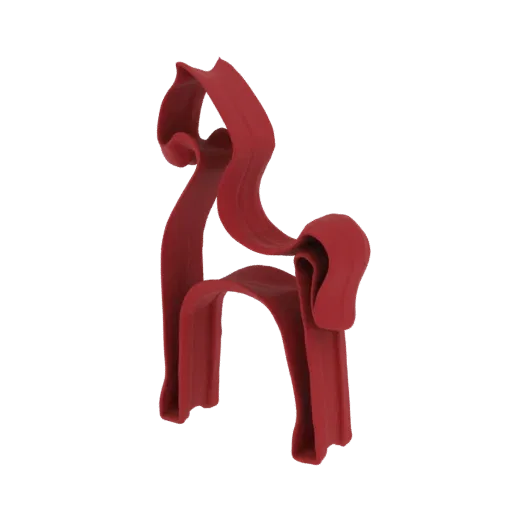 3D model of an abstract chair with flowing, organic red forms against a black background.